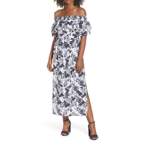 CHELSEA28 White Navy Floral Maxi Dress Off the Shoulder Fairy Size 0 or 2 - Picture 1 of 4